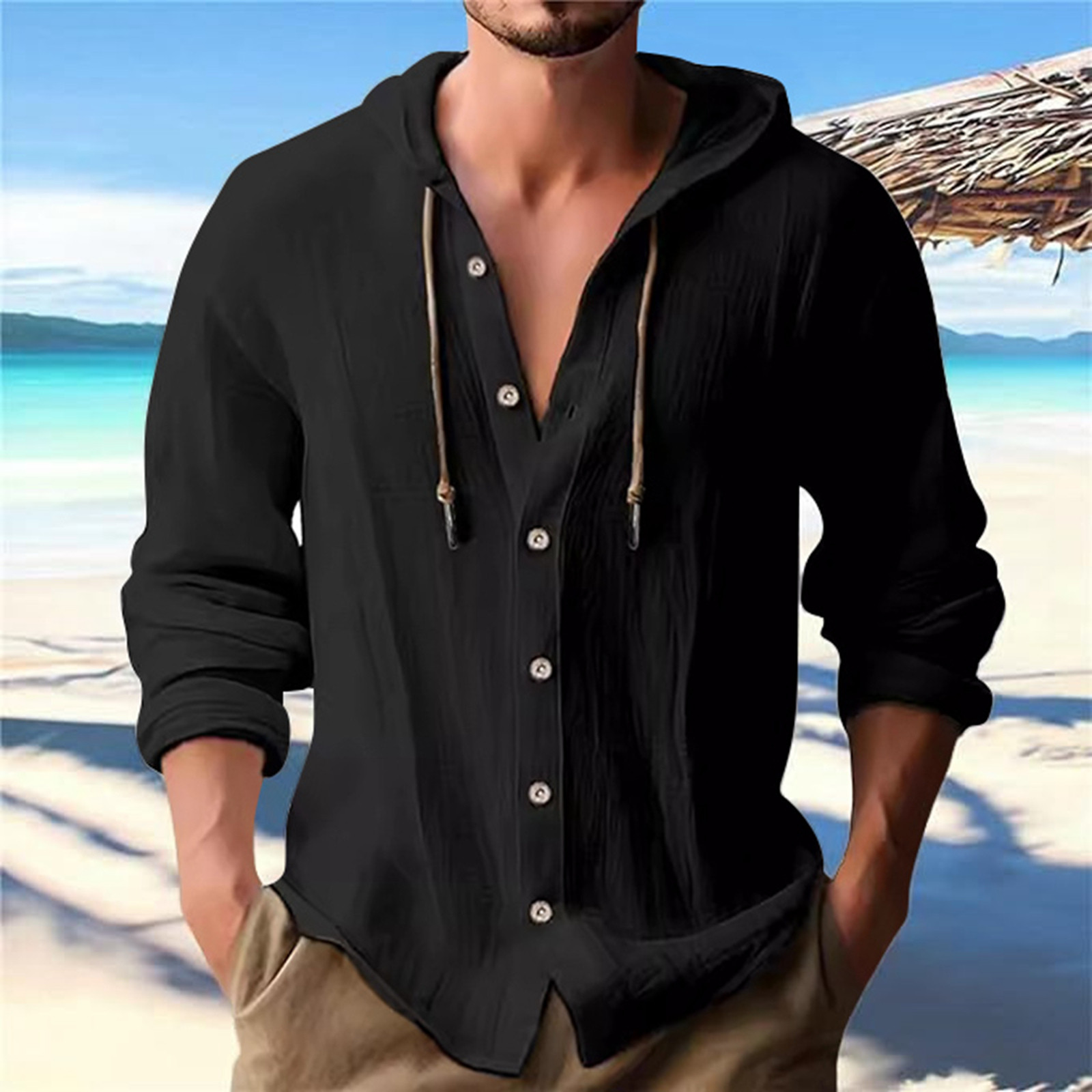 thumbnail image 4 of Camisa de lino con botones y capucha para hombre: manga larga, lengüetas para remangar, botones de madera, ropa de playa/casual, tallas S-XXXL, 4 of 8